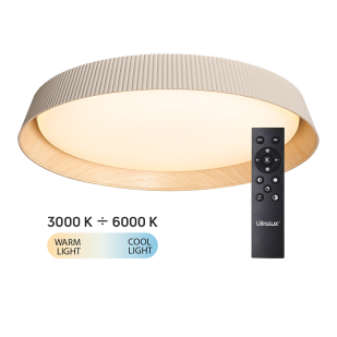 LED димираща ССТ плафониера с дистанционно управление бежов/дърво, max.72W, 3000K-6000К